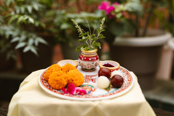 Marble Pooja Thali | Meenakari & Peacock Design