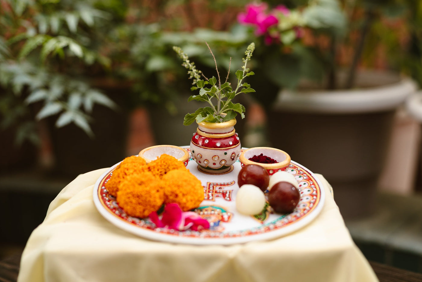Marble Pooja Thali | Meenakari & Peacock Design