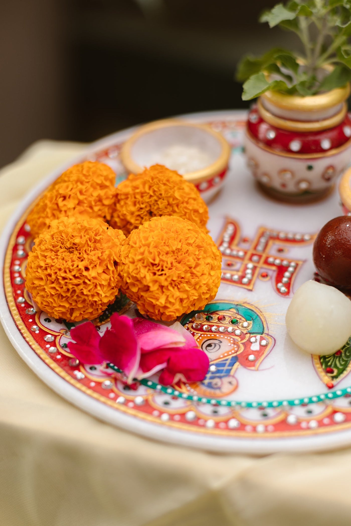 Marble Pooja Thali | Meenakari & Peacock Design
