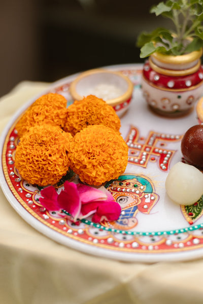 Marble Pooja Thali | Meenakari & Peacock Design
