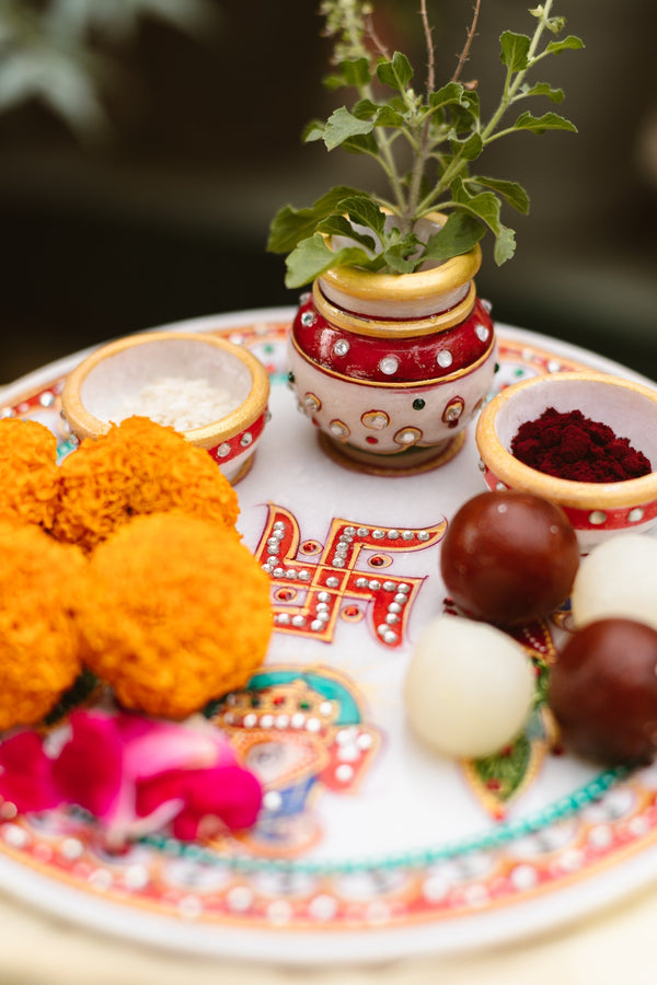 Marble Pooja Thali | Meenakari & Peacock Design