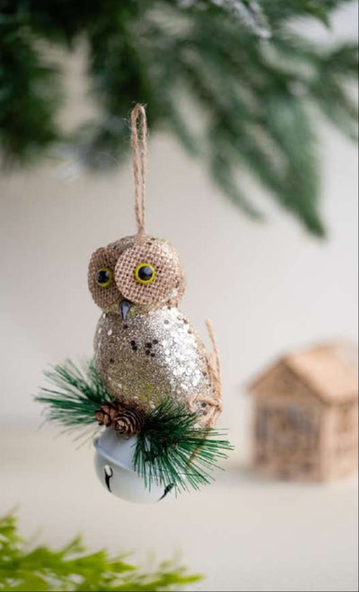 Golden Owl Hanging Ornament on White Bell Base_CC79