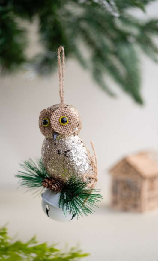 Golden Owl Hanging Ornament on White Bell Base_CC79