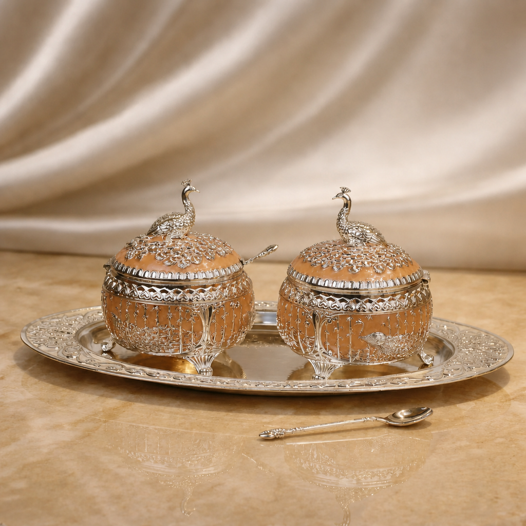 Royal Peacock Dry Fruit Bowl Set with Tray (11 x 12 cm)
