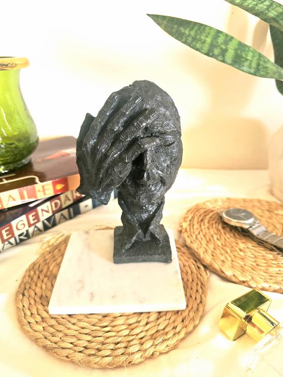 Black Thinking Man Face on Hand Resin Decor Statue