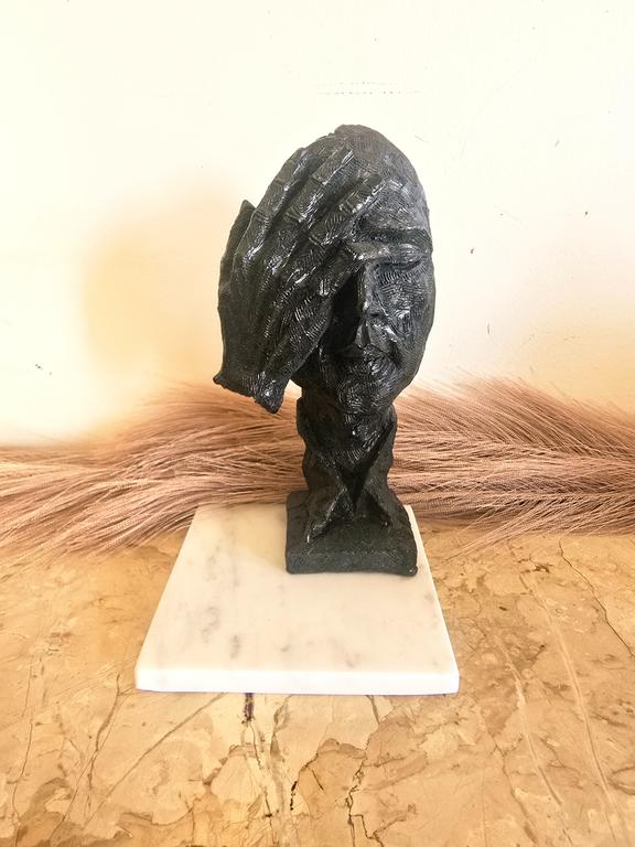 Black Thinking Man Face on Hand Resin Decor Statue