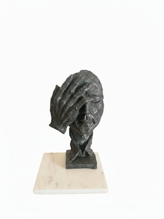 Black Thinking Man Face on Hand Resin Decor Statue