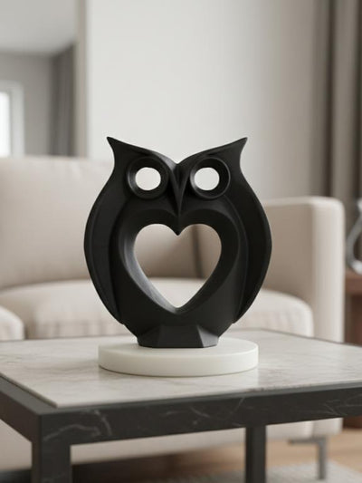 Modern Heart Owl Sculpture Black With Marble Base