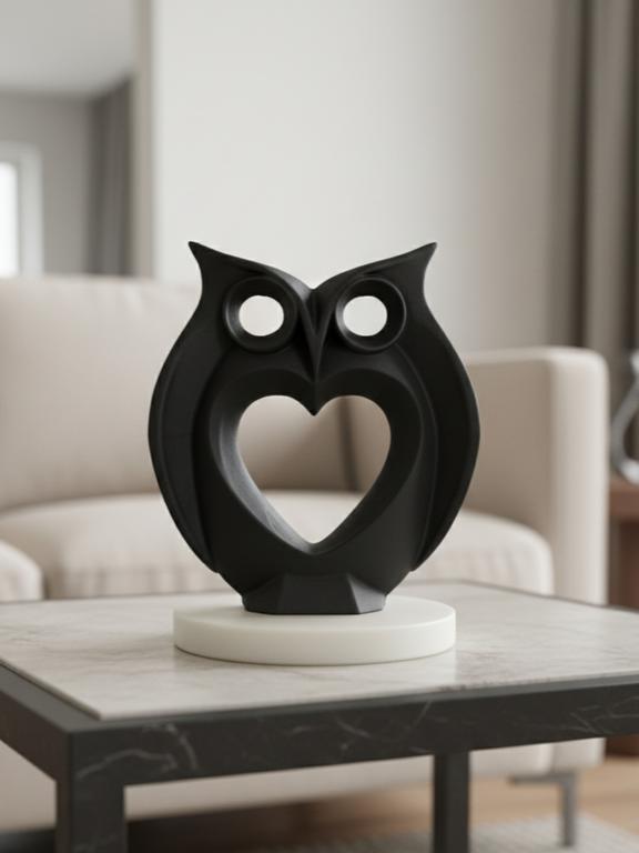 Modern Heart Owl Sculpture Black With Marble Base