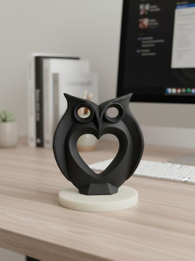 Modern Heart Owl Sculpture Black With Marble Base