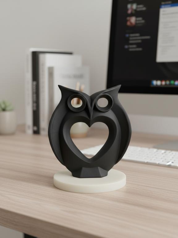 Modern Heart Owl Sculpture Black With Marble Base