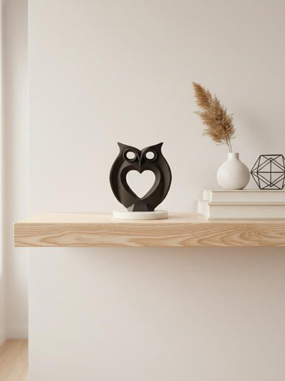 Modern Heart Owl Sculpture Black With Marble Base