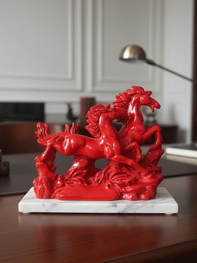 Victory Running Horses Figurine Red With Marble Base