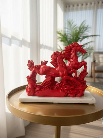 Victory Running Horses Figurine Red With Marble Base