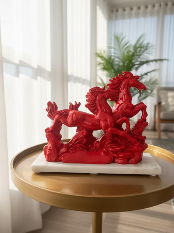 Victory Running Horses Figurine Red With Marble Base