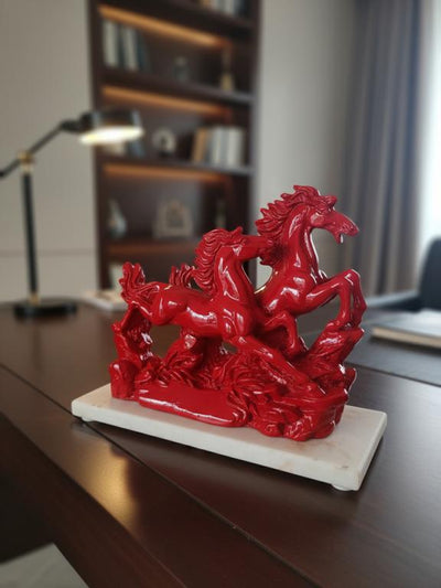 Victory Running Horses Figurine Red With Marble Base