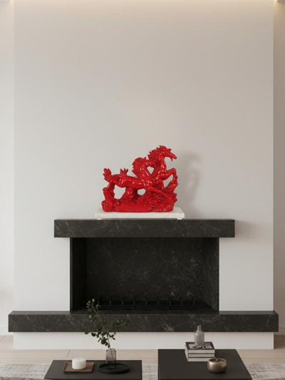 Victory Running Horses Figurine Red With Marble Base