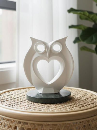 Modern Heart Owl Sculpture White With Marble Base