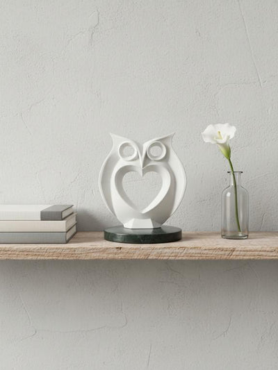 Modern Heart Owl Sculpture White With Marble Base