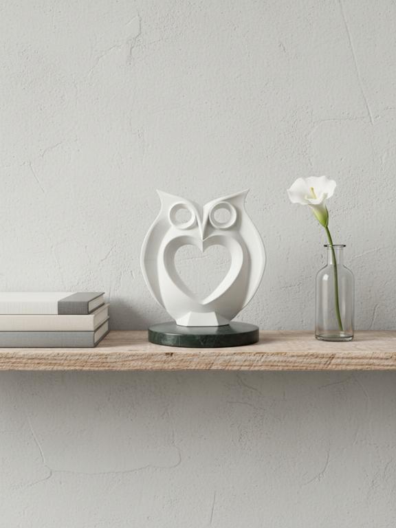 Modern Heart Owl Sculpture White With Marble Base