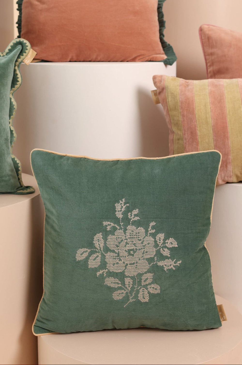 Camellia Eucalyptus Cross Stitch Cushion Cover