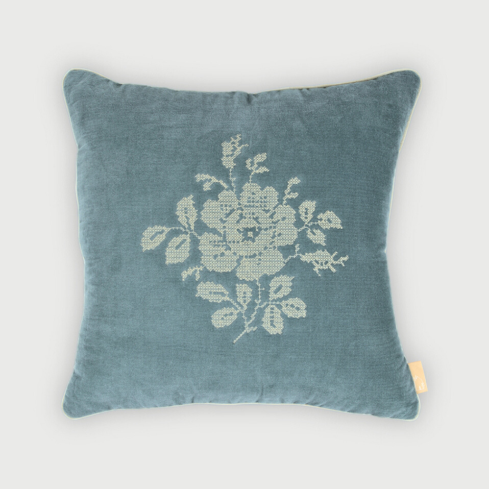 Camellia Teal Cross Stitch Cushion Cover