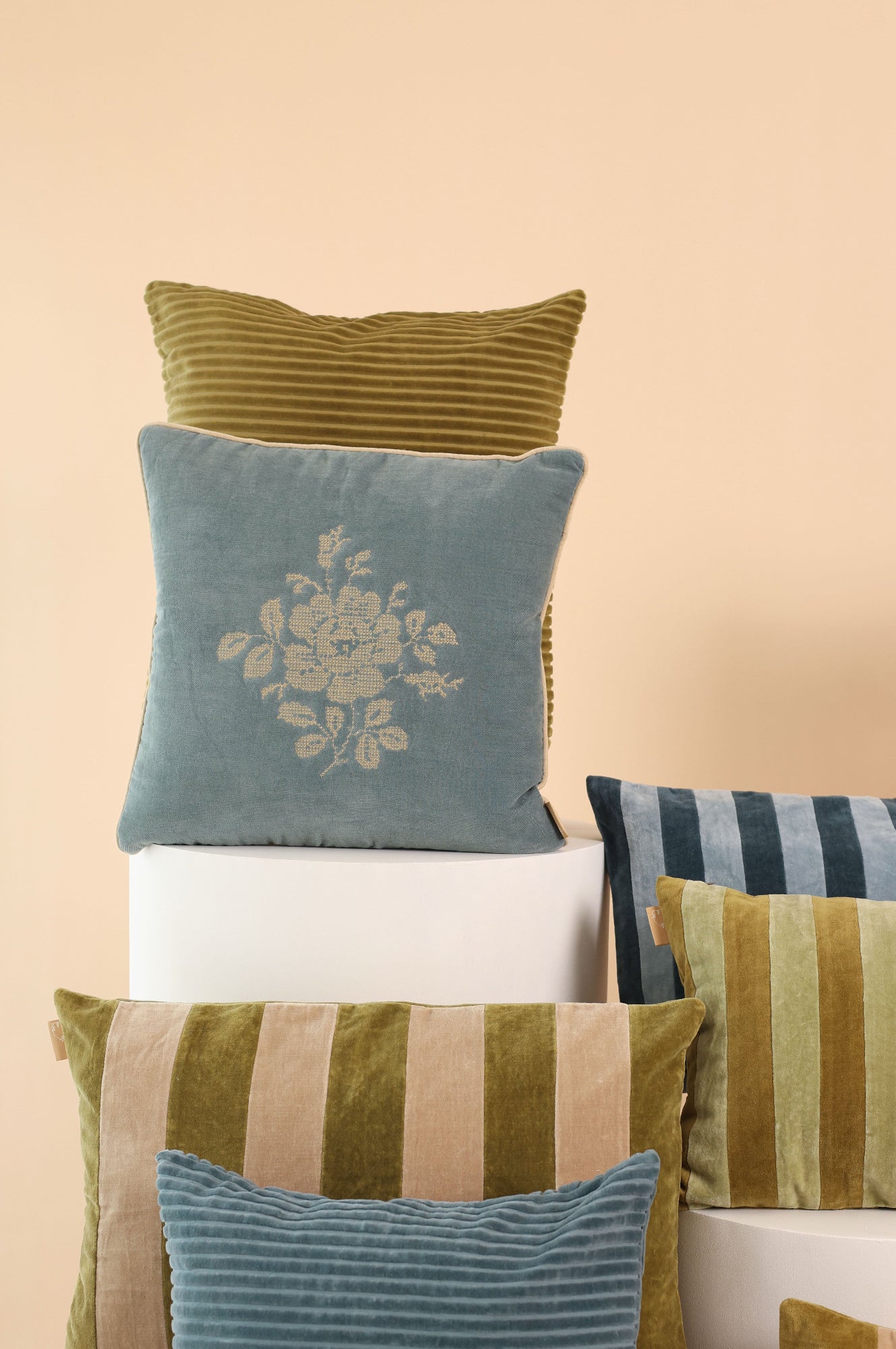 Camellia Teal Cross Stitch Cushion Cover