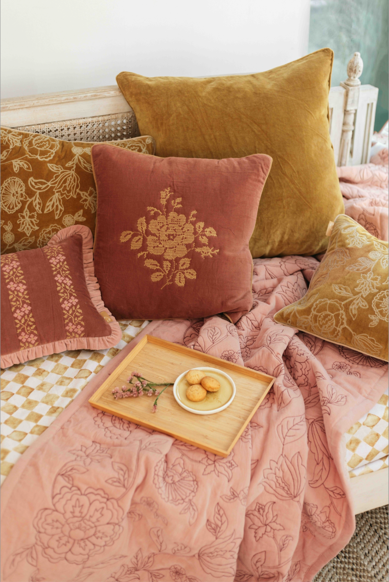 Camellia Rhubarb Cross Stitch Cushion Cover