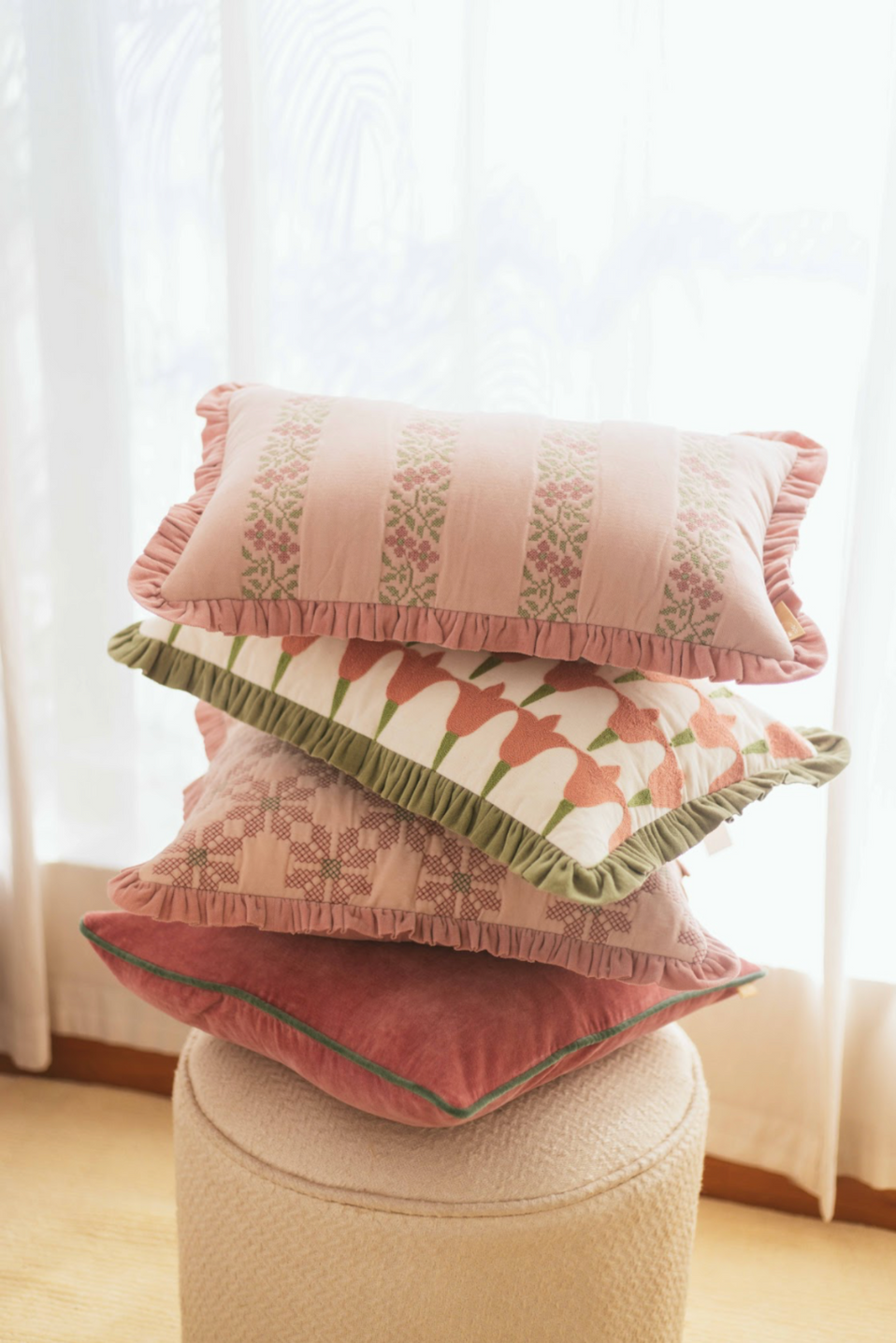 Heather Baby Pink Cross Stitch Oblong Cushion Cover