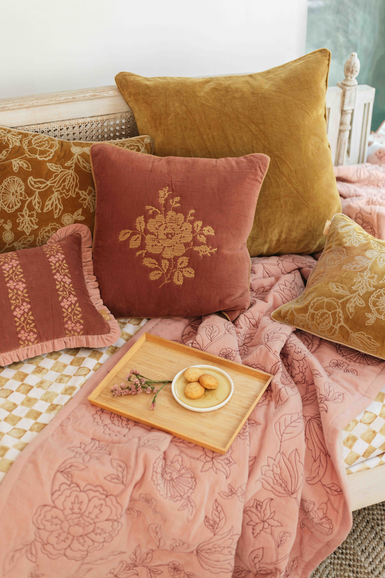 Heather Rhubarb Cross Stitch Oblong Cushion Cover