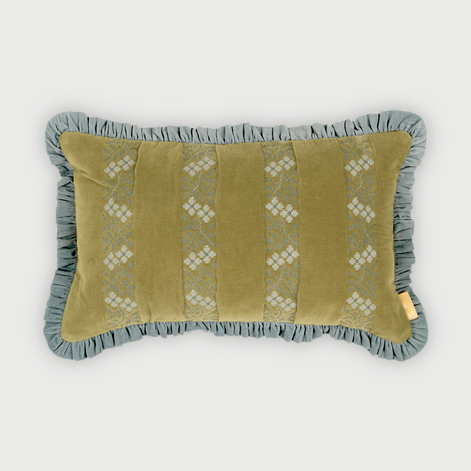 Heather Olive Cross Stitch Oblong Cushion Cover