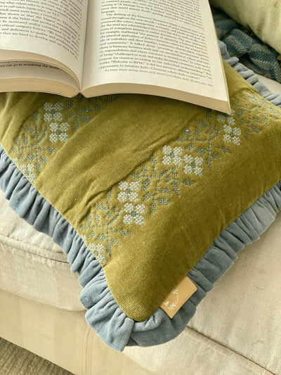 Heather Olive Cross Stitch Oblong Cushion Cover