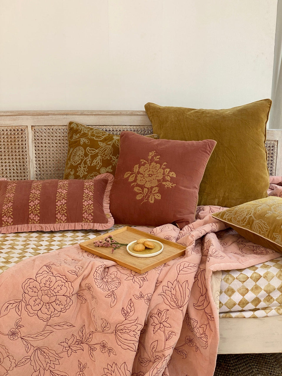 Rosabelle Chintz Soft Pink Velvet Embroidered Quilt