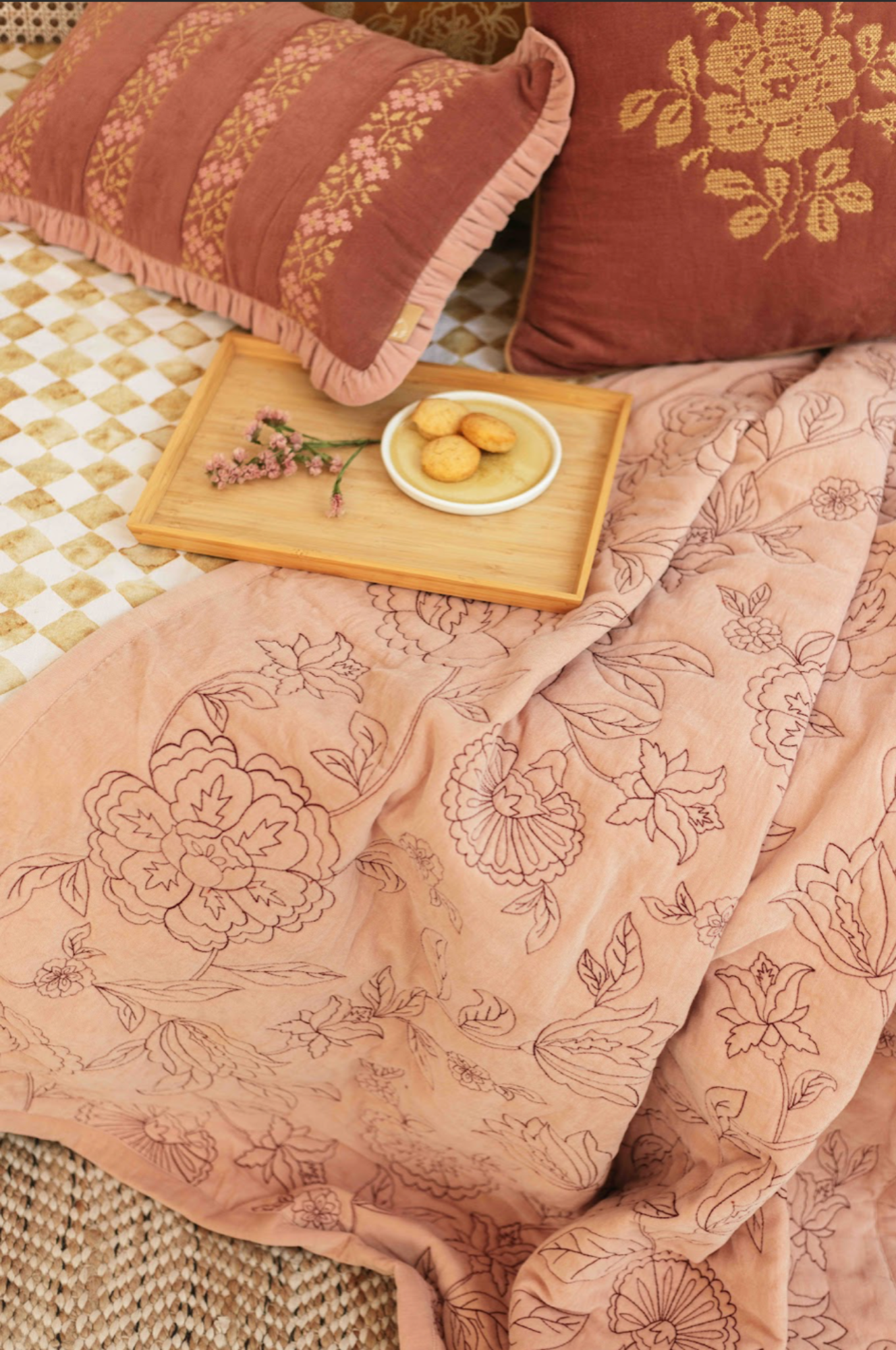 Rosabelle Chintz Soft Pink Velvet Embroidered Quilt