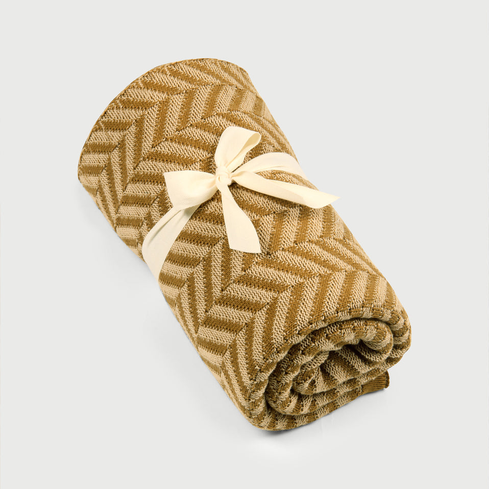 Chevron Ochre Cotton Knitted Throw