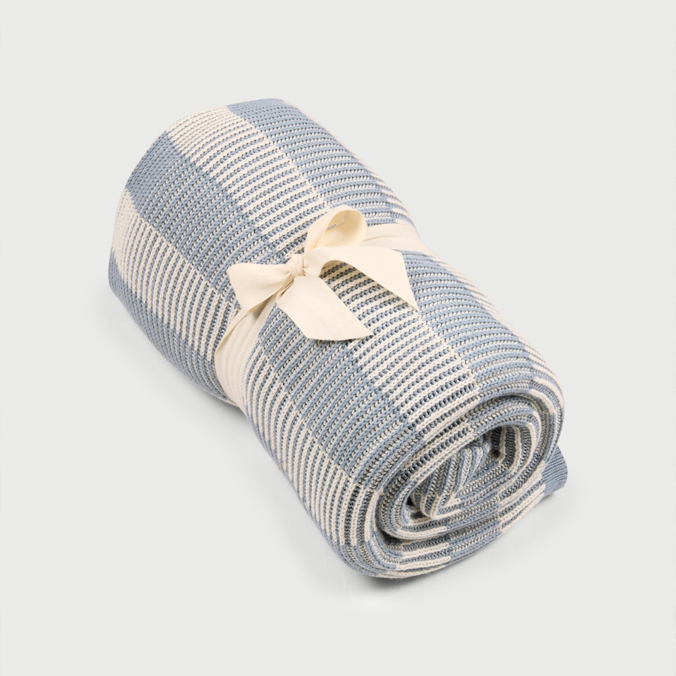 Striped Soft Blue Cotton Knitted Throw