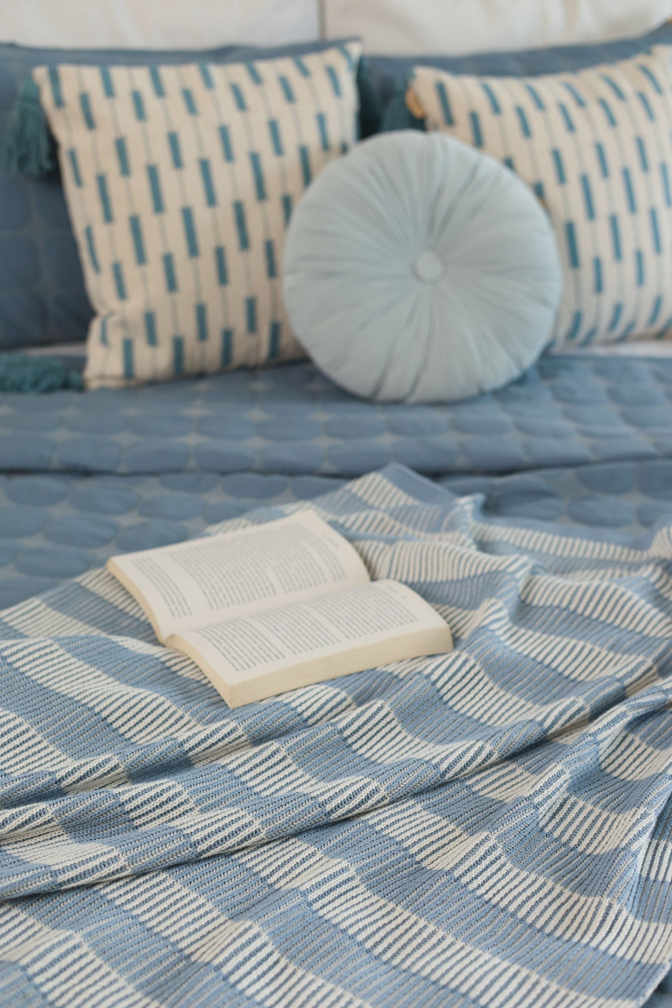 Striped Soft Blue Cotton Knitted Throw