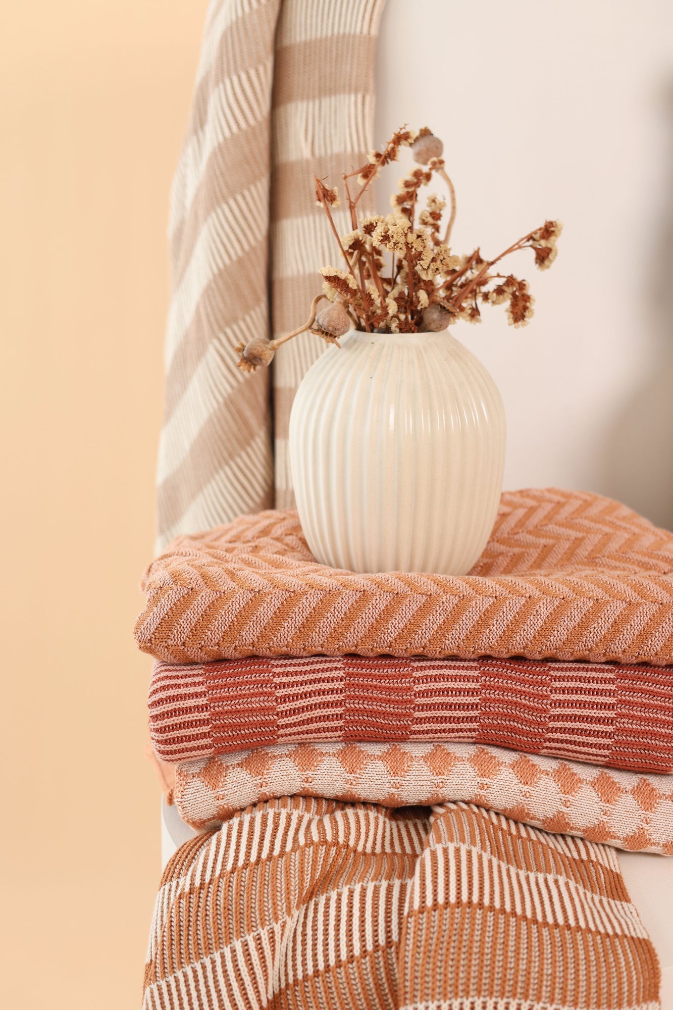 Striped Brown Cotton Knitted Throw