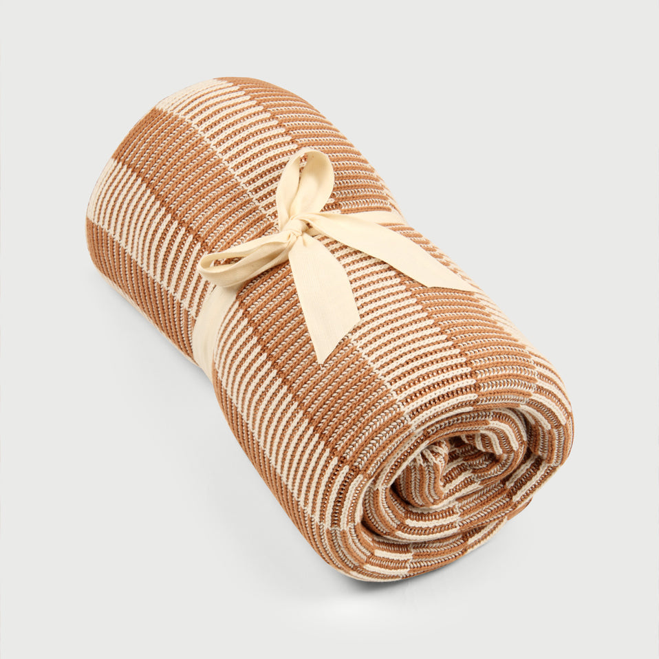 Striped Brown Cotton Knitted Throw