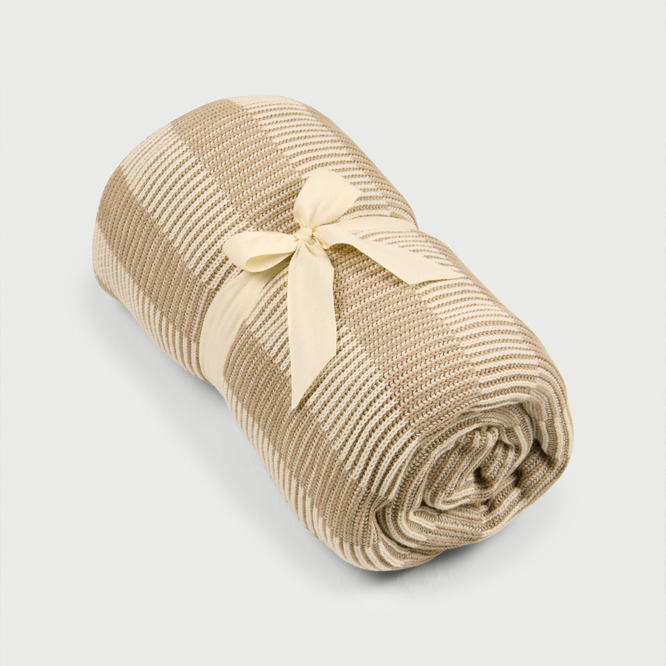 Striped Beige Cotton Knitted Throw