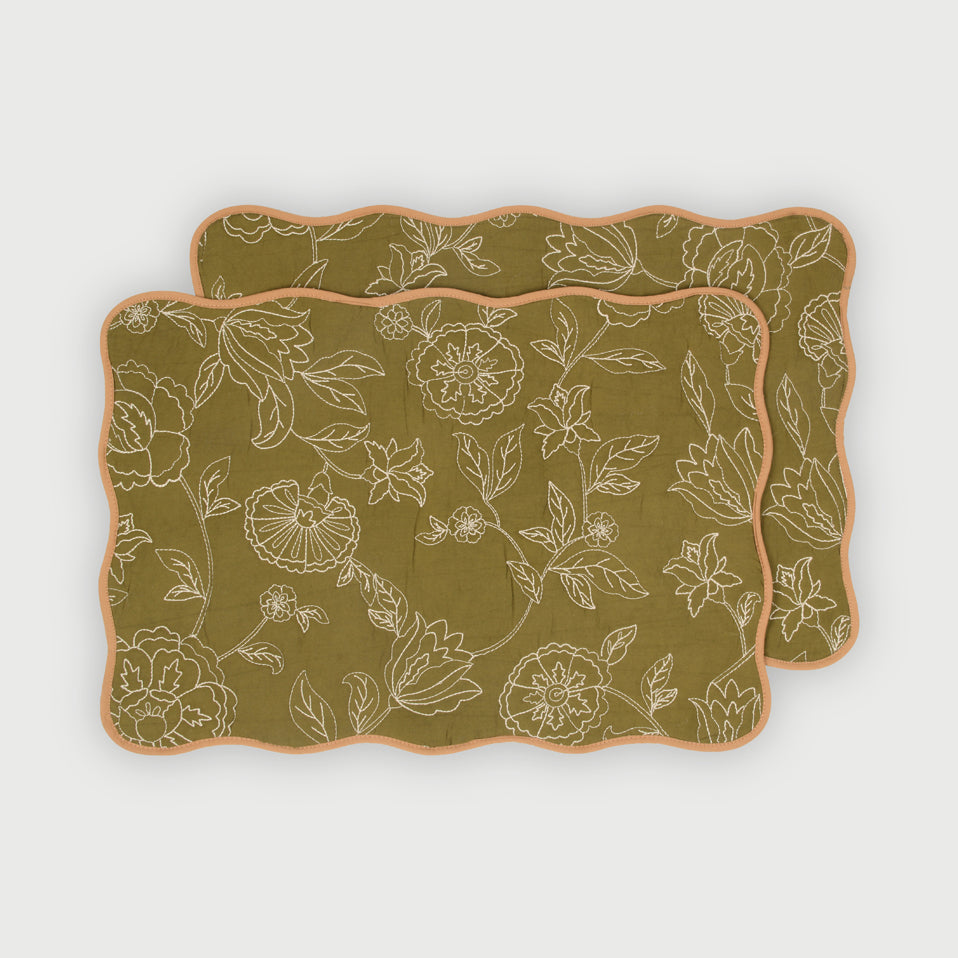 Rosabelle Chintz Olive Scallop Mats-Set of 2