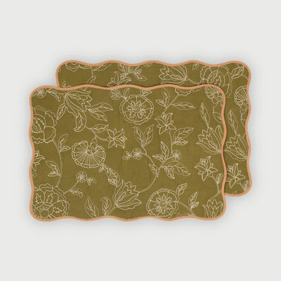 Rosabelle Chintz Olive Scallop Mats-Set of 2
