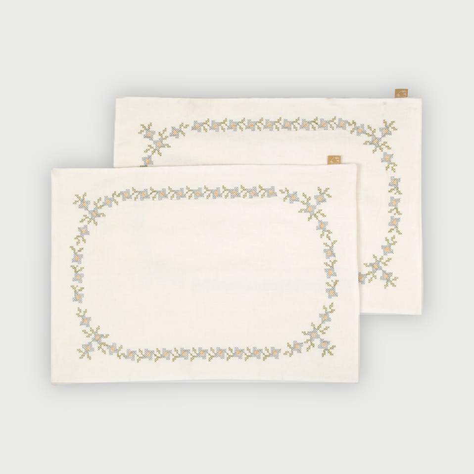 Trellis Soft Blue Cross Stitch Table Mats-Set of 2