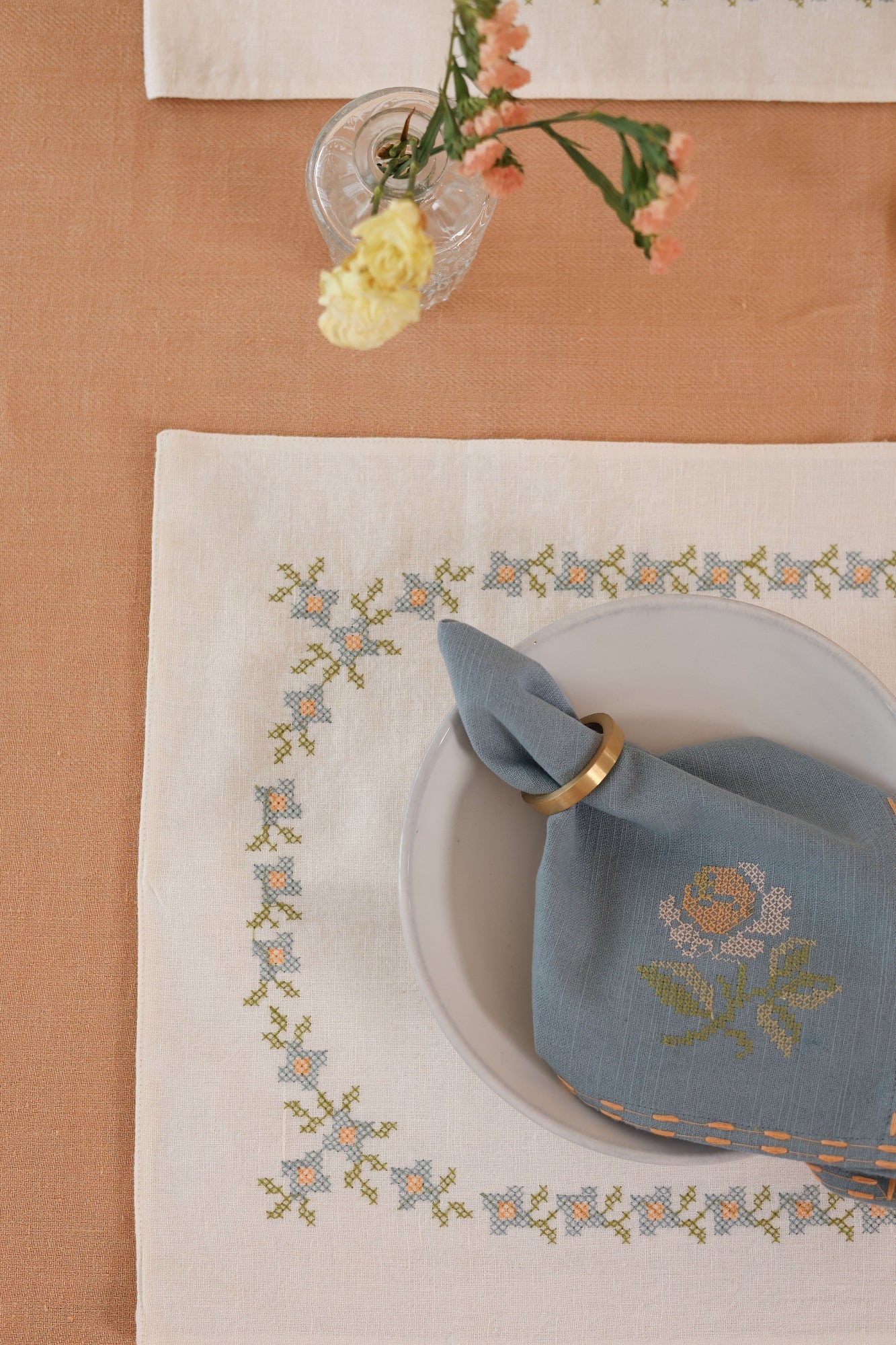 Trellis Soft Blue Cross Stitch Table Mats-Set of 2
