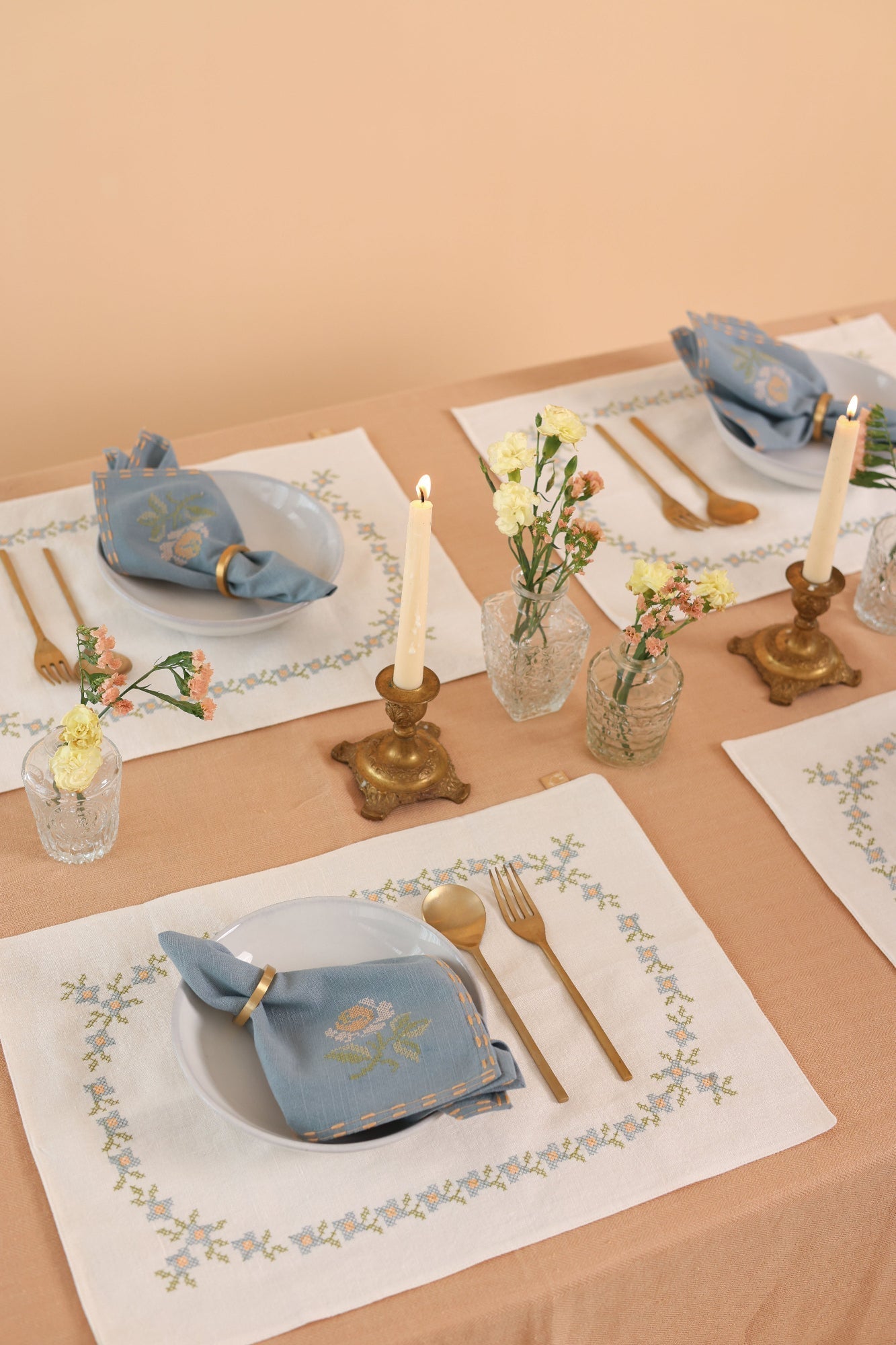 Trellis Soft Blue Cross Stitch Table Mats-Set of 2