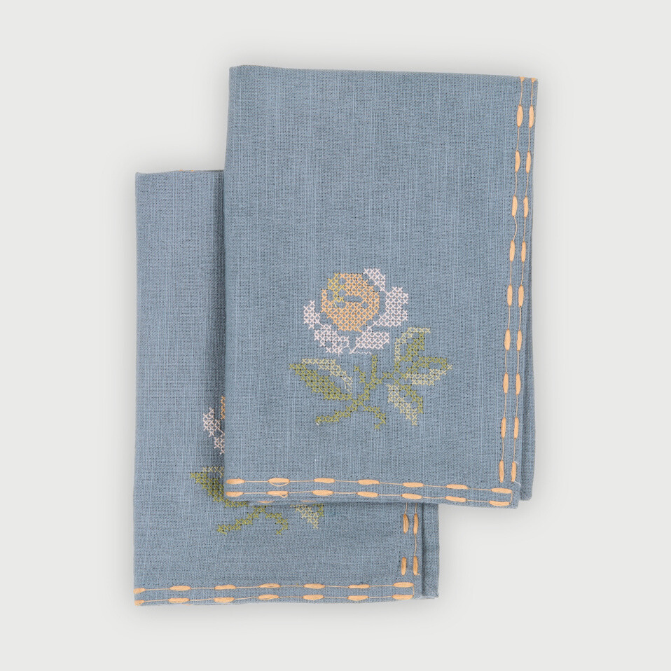 Florette Soft Blue Cross Stitch Napkins-Set of 2