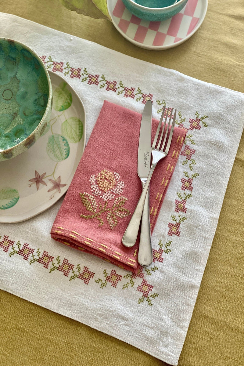 Florette Raspberry Cross Stitch Napkins-Set of 2