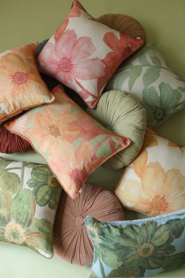Wildflower Coral Linen Oblong Cushion Cover