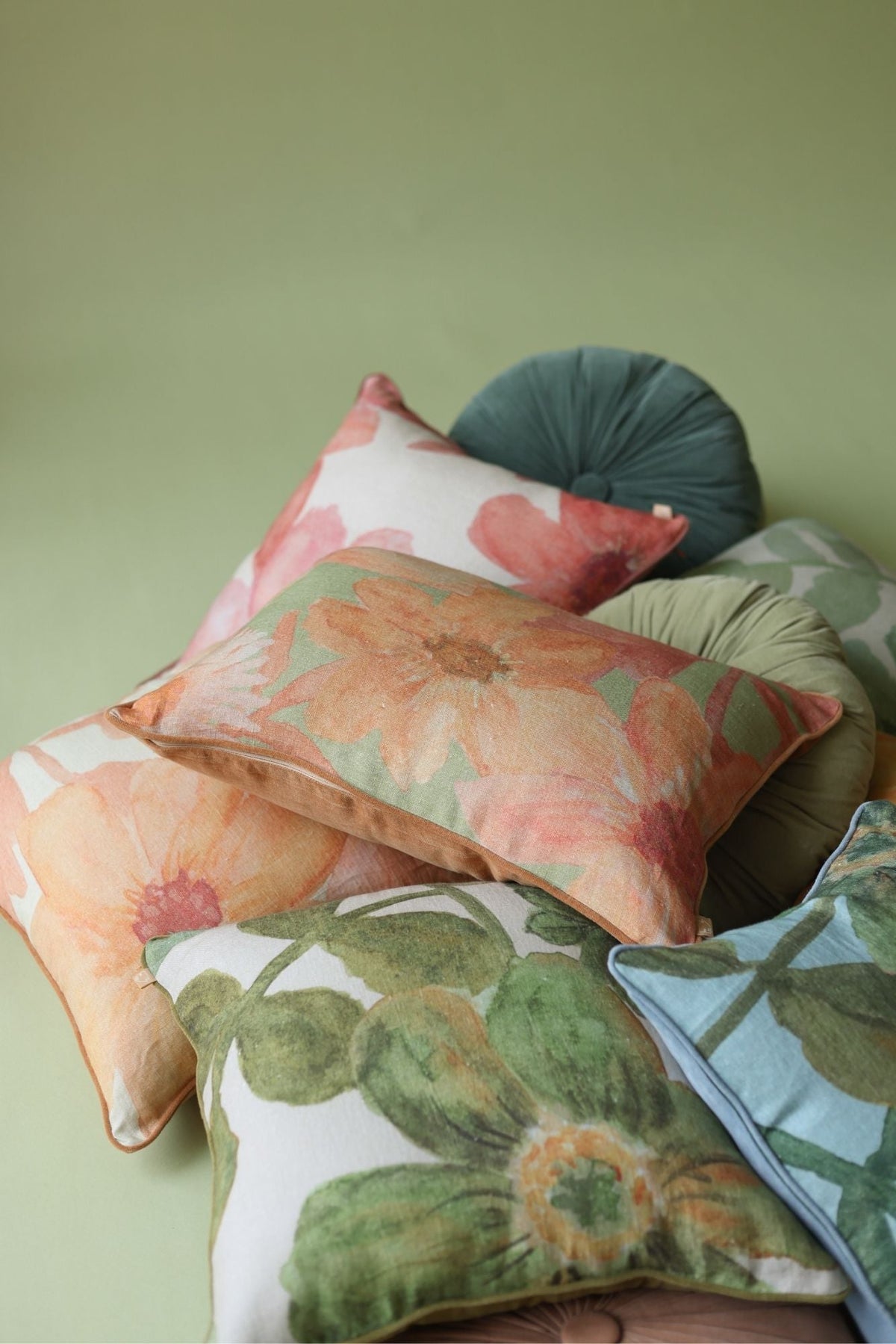 Wildflower Coral Linen Oblong Cushion Cover
