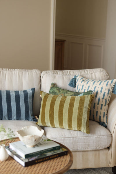 Holly Olive Striped Oblong Cushion Cover